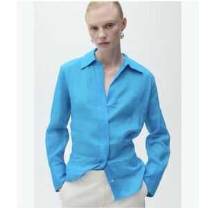 Mango Ramie Semi Sheer Long Sleeve Shirt Turquoise Size 4